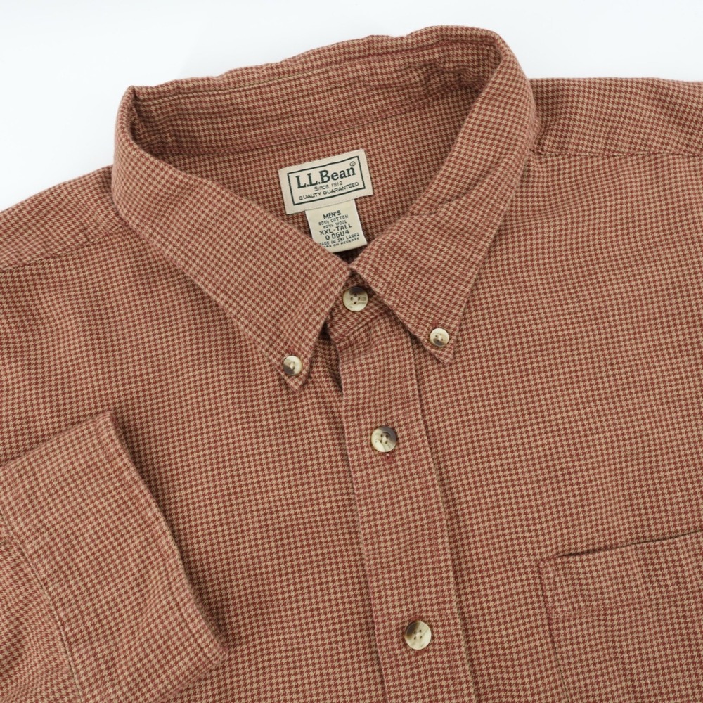 LL Bean Houndstooth Wool Blend Mens Long Sleeve Button Down Shirt XXL Tall Brown